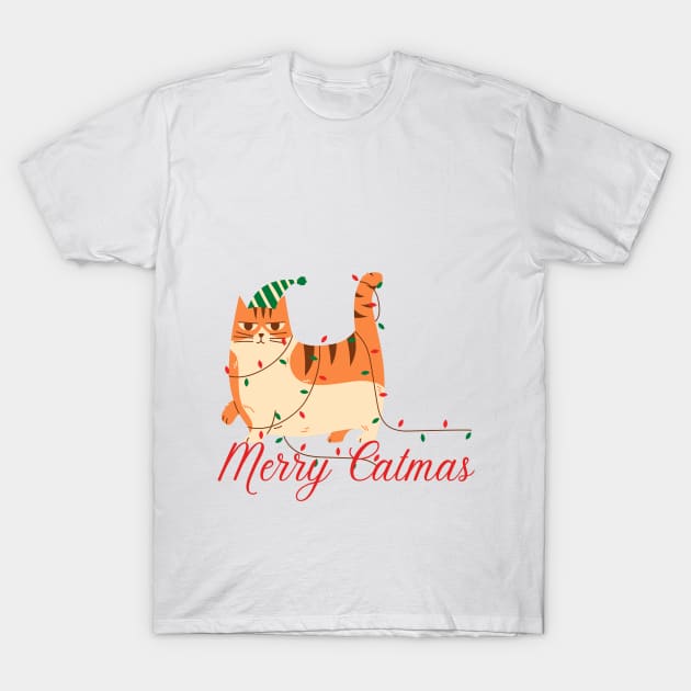 Merry Catmas Fat Orange Ginger Tabby T-Shirt by TammyWinandArt